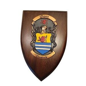 GYES Family Coat of Arms Crest Wall Plaque Lion Per Fesse Danmark Wood Metal
